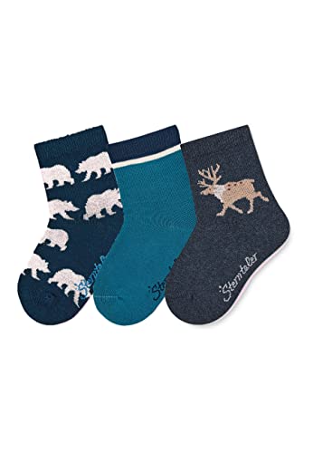 Sterntaler Baby Jungen Baby Socken Söckchen 3er-Pack Bären Strümpfe - Socken Baby - mit Bär Motiv, Streifen und Elch - marine, 30 von Sterntaler