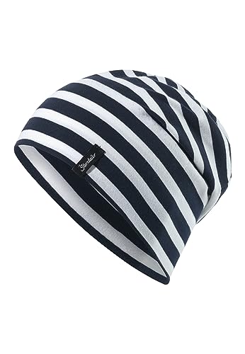 Sterntaler OCS Beanie Streifen - Lässige Slouch Beanie Mütze aus Singlejersey (Bio) mit maritimen Streifen - Unisex Kopfbedeckung - variabel tragbar - Baby und Kinder Übergangsmütze - marine, Größe 47 von Sterntaler