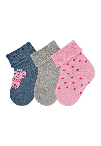 Sterntaler Baby Mädchen Baby Socken Söckchen 3er-Pack Katze Strümpfe meliert - Socken Baby - mit Katze Motiv, uni und Tupfen - tintenblau, 18 von Sterntaler