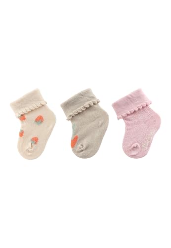 Sterntaler Baby Socken 3er Pack mit Motiven Erdbeeren, Kirschen und uni mit Strukturmuster - Sommer Babysocken mit Umschlag - hoher Baumwollanteil - Mädchen Strümpfe, cremeweiß, Größe 18 von Sterntaler