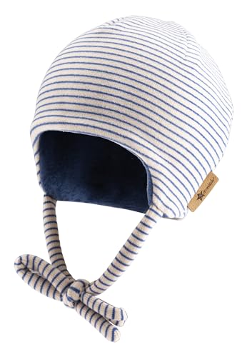 Sterntaler Beanie gestreift aus Microfleece - Baby und Kinder Mütze mit angeschnittenen Ohrenklappen und Bindeband - gefüttert mit Baumwollfleece - Kobaltblau, 45 von Sterntaler