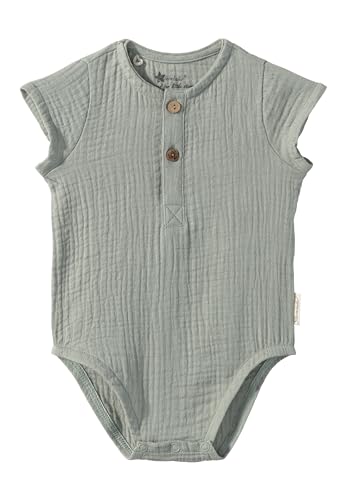 Sterntaler Body Knopfleiste Musselin Hase Happy - Baby Body für Jungen aus Baumwollmusselin - Bequemer Strampler mit kurzen Raglanärmel und Knopfleiste vorne - steingrün, 80 von Sterntaler