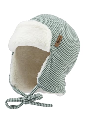 Sterntaler Fliegermütze mit Rippenmuster -dezent gestreift - Jungen Holzfällermütze angeschnittenen Ohrenklappen und Bindeband - Kinder Wintermütze, gefüttert mit Teddyplüsch - mattgrün,47 von Sterntaler