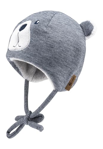 Sterntaler Mütze mit feinem Streifen und Applikation Bär - Jungen Beanie mit Ohrenklappen und Bindeband - warme Babymütze aus Mischgewebe, gefüttert mit Teddyflausch - Marine, 45 von Sterntaler