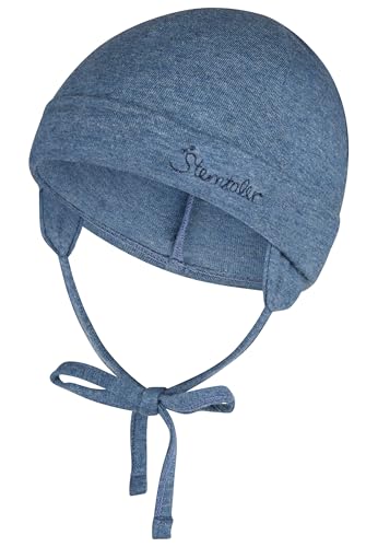 Sterntaler OCS Beanie mit Umschlag – Mütze aus Melange-Singlejersey (Bio) mit Ohrenklappen, Bindeband & Stickmotiv – Unisex Baby Übergangsmütze – Tintenblau, Gr. 47 von Sterntaler