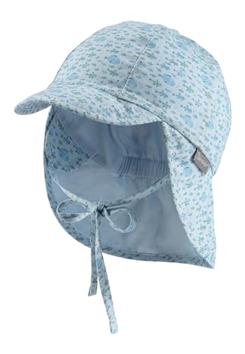 Sterntaler Schirmmütze Fische mit Nackenschutz und Bindeband für Jungen - Baby Mütze mit Ohrenklappen für Sonnenschutz - Sonnenkappe Baby aus weicher Baumwolle - hellblau, 49 von Sterntaler