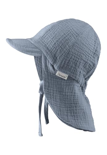 Sterntaler Schirmmütze Nacken Musselin - Unisex Mütze aus Baumwoll Musselin (Bio) - UV-Schutz 50+ Sonnenhut mit Nackenschutz - Baby- und Kinder Sommer Kopfbedeckung zum Binden - graublau, Größe 53 von Sterntaler