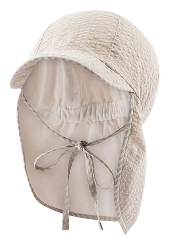 Sterntaler Schirmmütze Nacken Streifen - Jungen Mütze aus Seersucker gestreift - UV-Schutz 30 Sommermütze mit Nackenschutz - Sonnenhut - Baby und Kinder Kopfbedeckung zum Binden - beige, Größe 51 von Sterntaler