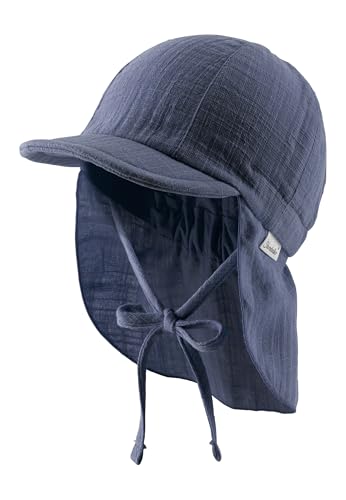 Sterntaler Schirmmütze Nacken Uni - Unisex Mütze aus luftigem Baumwoll Musselin - Sommermütze mit Nackenschutz - Sonnenhut zum Binden - Baby und Kinder Kopfbedeckung - blau, Größe 43 von Sterntaler