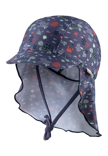 Sterntaler Schirmmütze Unterwasser – Unisex Baby Sommermütze, Nackenschutz und Bindeband – UV-Schutz 50+ aus elastischem Bademodenstoff – Kinder Kopfbedeckung - Bademode - Farbe blau, Größe 43 von Sterntaler