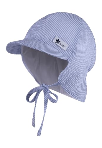 Sterntaler Schirmmütze gestreift mit Nackenschutz und Bindeband für Jungen - Baby Mütze aus gechrashtem Mischgewebe mit Ohrenklappen - Schirmmütze für Babys mit UV -Schutz 50 - himmelblau, 47 von Sterntaler