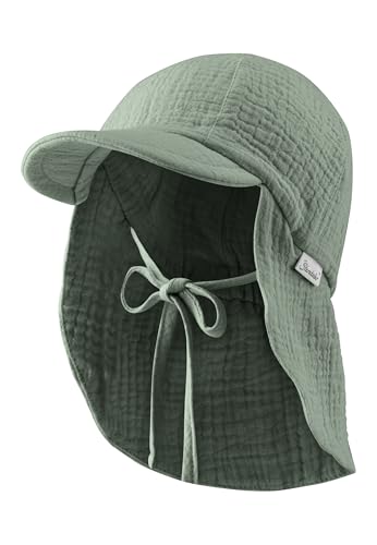 Sterntaler Schirmmütze Nacken Musselin - Unisex Mütze aus Baumwoll Musselin (Bio) - UV-Schutz 50+ Sonnenhut mit Nackenschutz - Baby- und Kinder Sommer Kopfbedeckung zum Binden - mattgrün, Größe 51 von Sterntaler