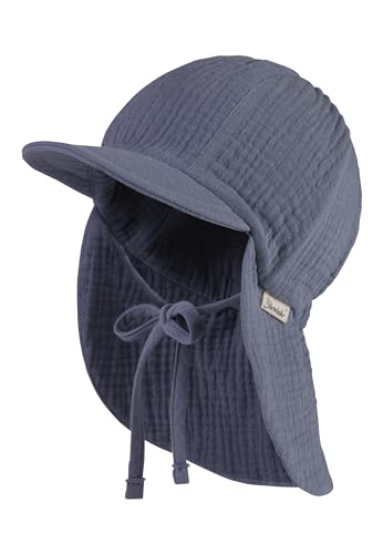 Sterntaler Schirmmütze mit Nackenschutz Musselin mit Bindeband aus Baumwolle - Schirmmütze Unisex mit Nackenschutz schützt den Kopf vor der Sonne - Sonnenkappe Baby UV 50+ - graublau, 45 von Sterntaler