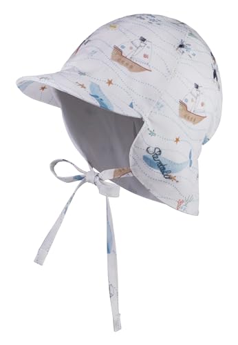 Sterntaler Schirmmütze mit Nackenschutz Piraten mit Bindeband - Baby Mütze für Jungen mit Ohrenklappen - Schirmmütze Baby mit Druckmuster - Sonnenkappe aus Baumwolle - weiß, 47 von Sterntaler