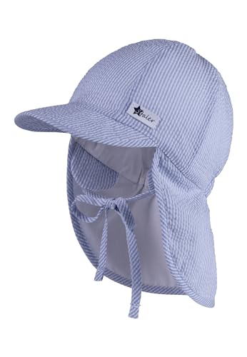 Sterntaler Schirmmütze mit Nackenschutz Streifen Seersucker, Bindeband für Jungen - Baby Mütze mit Ohrenklappen und UV -Schutz 50+ - Schirmmütze Baby mit Streifenoptik - himmelblau, 47 von Sterntaler