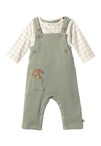 Sterntaler Set Latzhose und Body Hase Happy für Jungen - Baby Body Langarm aus Waffelpique mit Applikation auf der Vorderseite - Babylatzhose mit Druckknöpfen im Schritt - steingrün, 62 von Sterntaler