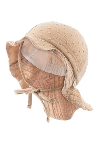 Sterntaler Sonnenhut Punkte - Mädchen Sommerhut aus Musselin - UV-Schutz 50+ Sonnenhut - mit Nackenschutz - zum Binden - Futter aus Batist - Baby und Kinder Kopfbedeckung - beige, Größe 45 von Sterntaler