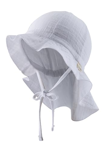 Sterntaler Sonnenhut Uni - Sommerhut aus luftigem Baumwoll Musslin - elastisches Gummiband - zum Binden - Unisex Mütze mit Nackenschutz - Baby und Kinder Kopfbedeckung - weiß, Größe 53 von Sterntaler