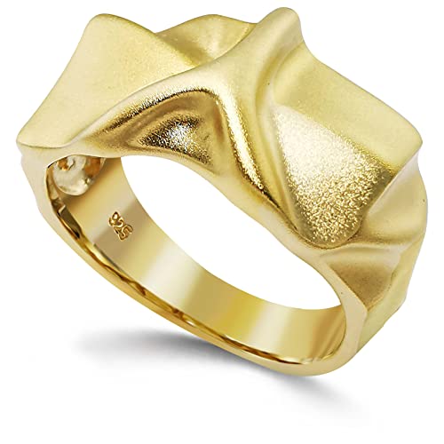 Premium Ring Gold für Herren Damen Gehämmert 14 Karat Vergoldet Bandring aus 925 Sterling Silber Breit Massiver Ring, Ringgröße 56-60 (58) von Sternvoll Jewelry