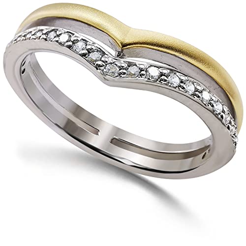 Premium Silber-Gold Ring aus 925 Sterling Silber teilweise Vergoldet Zwei Farbig mit Kristallen Schmaler Ring für Herren/Damen Verlobungsring Klassisch Elegant (54) von Sternvoll Jewelry