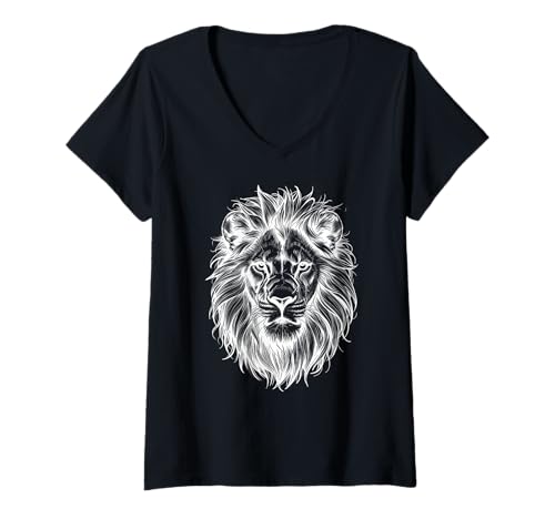Damen Löwenkopf-Silhouette schwarz weiß Safari T-Shirt mit V-Ausschnitt von Sternzeichen