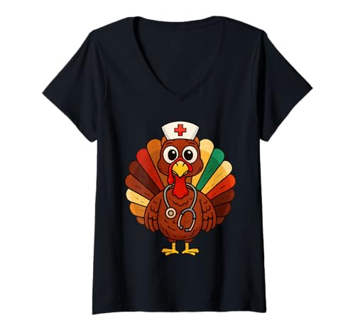 Damen Stethoskop Thanksgiving Krankenschwester Truthahn Stethoskop Fall Scrub T-Shirt mit V-Ausschnitt Damen Stethoskop Thanksgiving Krankenschwester Truthahn Stethoskop Fall Scrub T-Shirt mit V-Ausschnitt von Stethoscope Thanksgiving Nurse Turkey