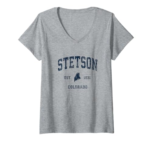 Damen Stetson Maine ME Sportdesign im Vintage-Stil, athletisch, Marineblau T-Shirt mit V-Ausschnitt Damen Stetson Maine ME Sportdesign im Vintage-Stil, athletisch, Marineblau T-Shirt mit V-Ausschnitt von Stetson ME Retro T-Shirts & Gifts