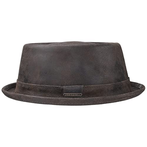 Stetson Pennsylvania Pigskin Leder Porkpie Hut braun Herren - Lederhut aus Schweinsleder - Gefütterter Pork Pie - robuster Herrenhut Größen XXL 62-63 cm - Fedora im Used-Look Sommer/Winter von Stetson