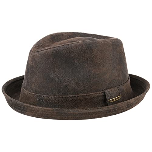 Stetson Radcliff Player Lederhut Damen/Herren - Pork Pie aus Leder - Fedora-Hut mit Futter aus Baumwolle - Player-Hut mit Krempe - Einfarbiger Ledertrilby Sommer/Winter braun XL (60-61 cm) von Stetson