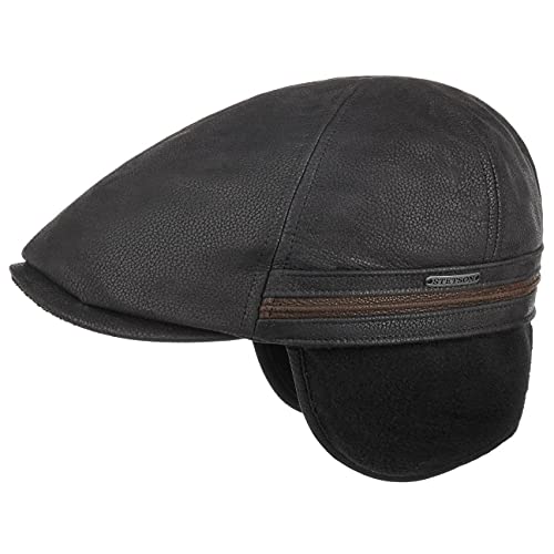 Stetson Redding Earflap Flatcap für Herren Gatsby Ledercap mit Schirm, Ohrenklappen, Futter Herbst Winter (M (56-57 cm) - schwarz) von Stetson