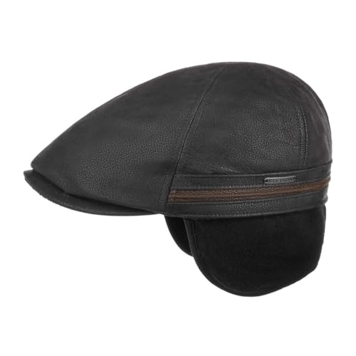 Stetson Redding Earflap Flatcap Herren - Schirmmütze aus Leder (Rind) - Ledercap mit Fleecefutter - Herrencap Ohrenschützer - Ohrenwärmer Herbst/Winter - Gatsby Kappe schwarz M (56-57 cm) von Stetson