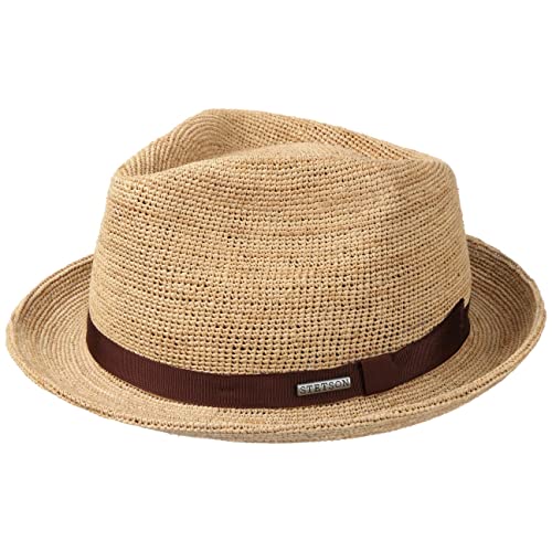 Stetson Alpena Player Crochet Raffiahut Damen/Herren - Sonnenhut - Strandhut aus Stroh (Raffiastroh) - Fedora mit Ripsband - Porkpie Frühjahr/Sommer Natur M (56-57 cm) von Stetson