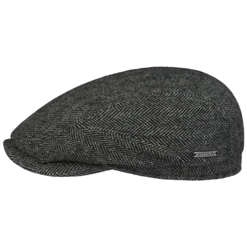Stetson Belfast Flatcap - Schiebermütze Herren - Schirmmütze mit Wolle - Herrenkappe Herringbone mit Innenfutter (Baumwolle) - Wollcap Herbst/Winter - Flat Cap grau-blau 56 cm von Stetson