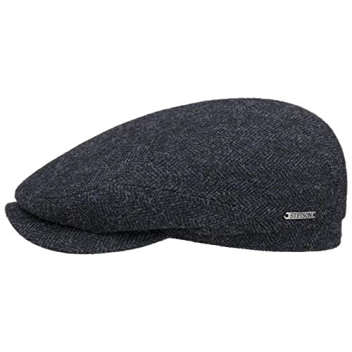 Stetson Belfast Flatcap - Schiebermütze Herren - Schirmmütze mit Wolle - Herrenkappe Herringbone mit Innenfutter (Baumwolle) - Wollcap Herbst/Winter - Flat Cap schwarz-blau 54 cm von Stetson