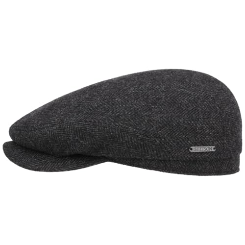 Stetson Belfast Flatcap Schiebermütze Herrenkappe Herringbone mit Innenfutter Baumwolle Herbst Winter schwarz-grau 56 cm von Stetson
