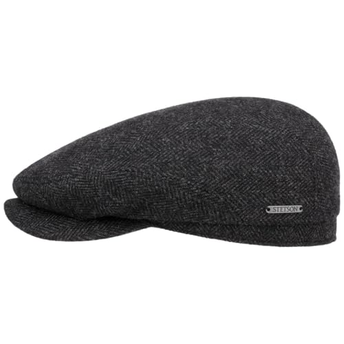 Stetson Belfast Flatcap - Schiebermütze Herren - Schirmmütze mit Wolle - Herrenkappe Herringbone mit Innenfutter (Baumwolle) - Wollcap Herbst/Winter - Flat Cap schwarz-grau 58 cm von Stetson