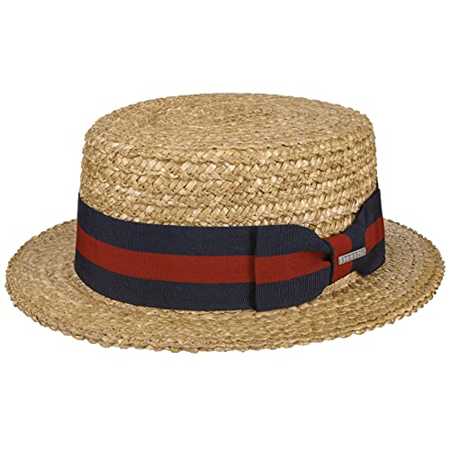 Stetson Boater Weizenstrohhut - Naturfarbener Hut mit blau-rotem Ripsband - Klassischer Sommerhut mit UV-Schutz 40+ - Damen & Herren - Frühjahr/Sommer Natur M (56-57 cm) von Stetson