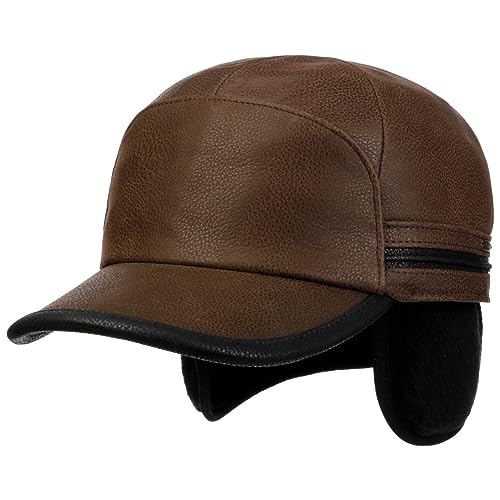 Stetson Byers Ledercap mit verstaubarem Ohrenschutz Herren - Ledermütze Made in Germany - Baseballcap aus Leder (Rind) - Basecap mit Earflaps aus Fleece - Herbst/Winter Dunkelbraun M (56-57 cm) von Stetson