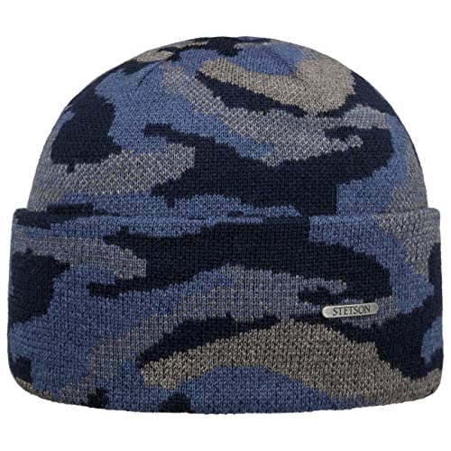 Stetson Camouflage Wool Umschlagmütze Beanie Wollmütze Strickmütze Damen/Herren - Made in Italy mit Umschlag, Umschlag Herbst-Winter - One Size blau-grau von Stetson