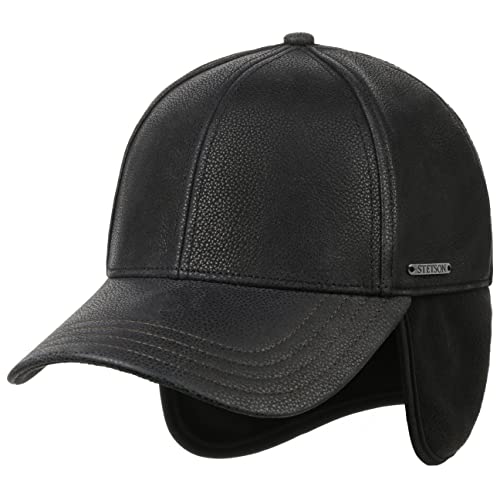 Stetson Chevrette Cowhide Cap mit Ohrenklappen Herren 100% Leder vom Rind Gefüttert Fleece Schirmmütze Ohrenschutz Nackenschutz Baseballcap Herbst Winter schwarz L (58-59 cm) von Stetson
