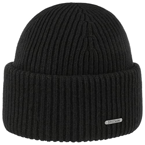 Stetson Classic Uni Wollmütze Damen/Herren One Size (ca. 54-58 cm) - Made in Italy - Aus 100% Wolle - Gestrickt - Beanie mit breitem Umschlag - Länge 23 cm - Herbst/Winter schwarz One Size von Stetson
