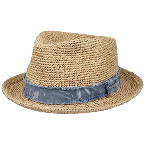 Stetson Crochet Raffia Fedora Strohhut - Naturfarbener Hut - Player-Hut - Sonnenhut mit Jeans-Band - Damen/Herren - Frühjahr/Sommer Natur S (54-55 cm) von Stetson