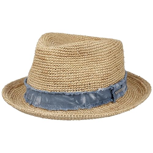 Stetson Crochet Raffia Fedora Player Sonnenhut mit Jeans-Band Damen Herren Frühjahr Sommer Natur XL (60-61 cm) von Stetson