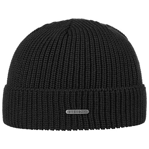 Stetson Finley Merinomütze Damen/Herren - One-Size (ca. 55-59 cm) - Made in Italy - Länge 18,5 cm - Wintermütze aus 100% Merinowolle - Beanie mit Umschlag - Herbst/Winter schwarz One Size von Stetson