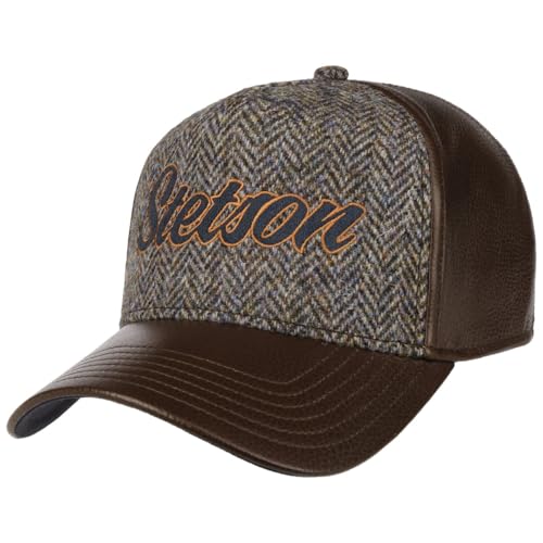 Stetson Harris Tweed Truckercap - Fischgrat Ledercap - Unisex - Herbst/Winter Dunkelbraun One Size von Stetson