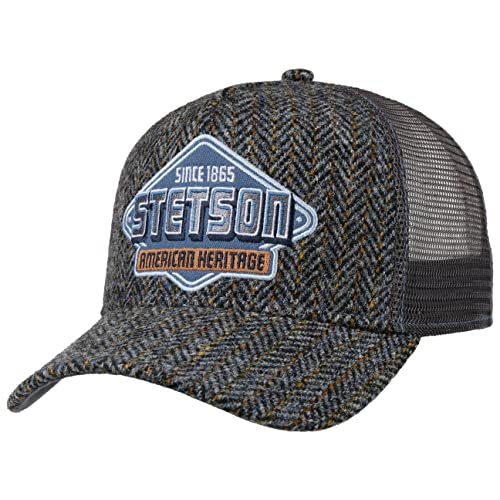 Stetson Harris Tweed Trucker Cap Damen/Herren One Size (ca. 56-59 cm) - Aus 100% Schurwolle - Mit Fischgratmuster und Logo-Aufnäher - Schirmlänge 7 cm - Meshcap Sommer/Winter grau One Size von Stetson