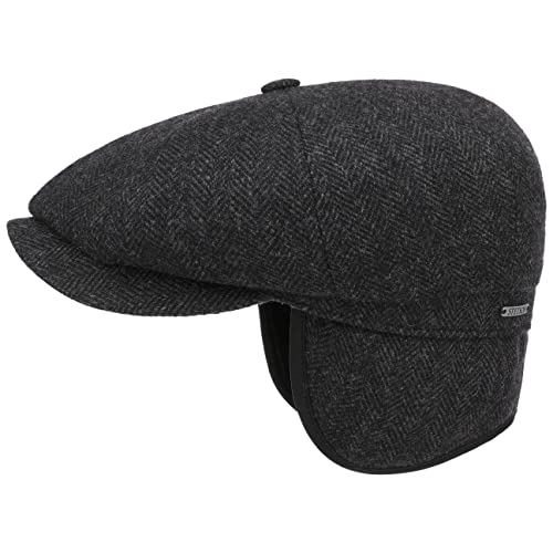 Stetson Hatteras Classic Ear Flaps Flatcap - Schirmmütze aus 100% Wolle - Fischgrätmuster - Wollcap mit Ohrenschutz - Made in The EU - Herren - Herbst/Winter schwarz-grau 55 cm von Stetson