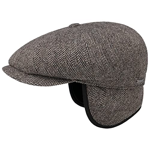 Stetson Hatteras Classic Ear Flaps Flatcap Schirmmütze Fischgrätmuster Wollcap Ohrenschutz Made in EU Herren Herbst Winter Dunkelbraun 59 cm von Stetson