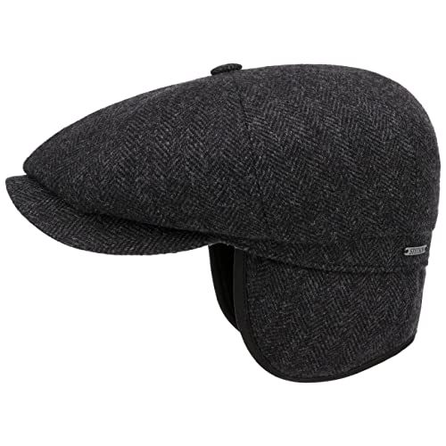 Stetson Hatteras Classic Ear Flaps Flatcap - Schirmmütze aus 100% Wolle - Fischgrätmuster - Wollcap mit Ohrenschutz - Made in The EU - Herren - Herbst/Winter schwarz-grau 59 cm von Stetson