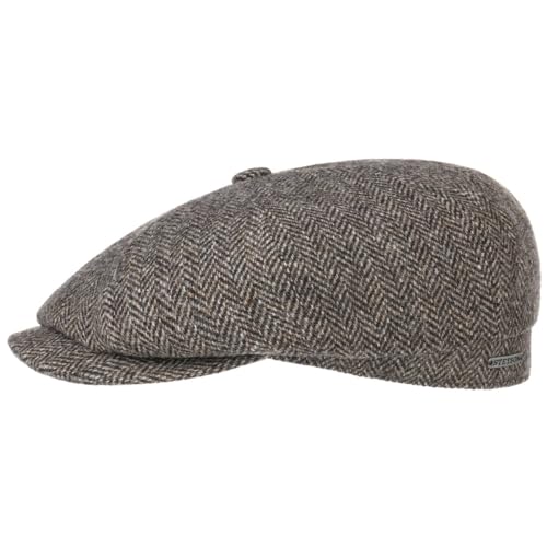 Stetson Hatteras Classic Wool Schirmmütze - Schiebermütze Herren - Flatcap mit Baumwollfutter - Herrencap mit Fischgrätmuster - Ballonmütze Herbst/Winter - Wintercap Dunkelbraun 64 cm von Stetson